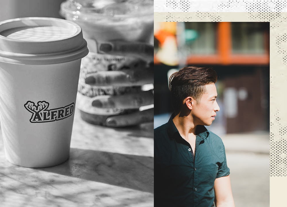 coffee cup and guy walking in the city. 